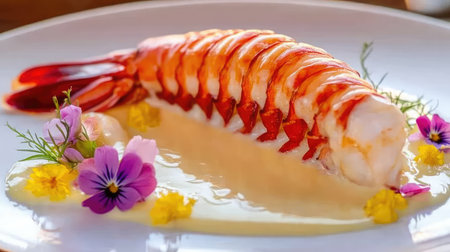 Lobster tail on a fine porcelain plate with creamy butter sauce, garnished with edible flowers. Luxurious cuisine with open copy space.の素材