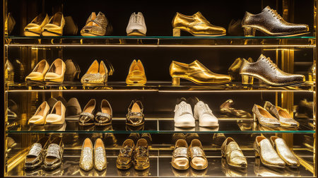 Opulent dress shoes on glass shelf in a luxury boutique setting with golden lighting. Fashion retail vibe with space.の素材