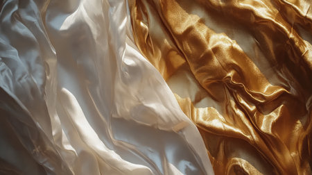 Layered silk fabric in white and gold tone gently curled on one edge for an elegant luxury-inspired backgroundの素材