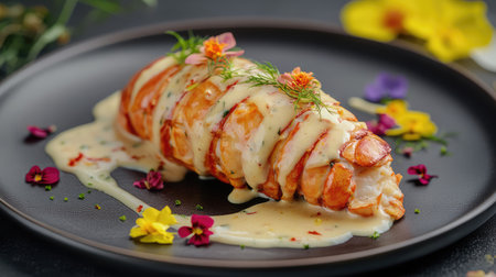 Lobster tail on a fine porcelain plate with creamy butter sauce, garnished with edible flowers. Luxurious cuisine with open copy space.の素材