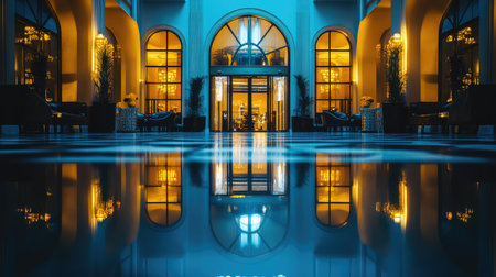 Minimalistic yet grand hotel exterior at night with glowing entrance and subtle reflections. Premium stay theme with space.の素材