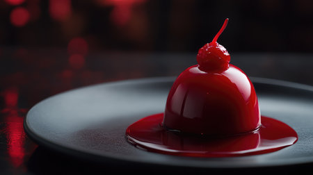 Luxurious fine dining dessert with mirror glaze, plated in artistic style on matte surface. Upscale atmosphere with copy space.の素材