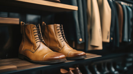 Leather boots beside luxury coat and accessories arranged neatly in boutique interior. Fashion lifestyle with copy space.の素材