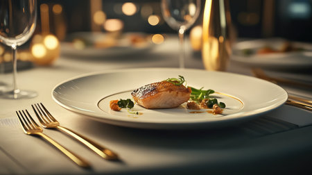 Gourmet plated dish on a table with golden utensils and textured linen, captured in soft focus. Room for branding.の素材