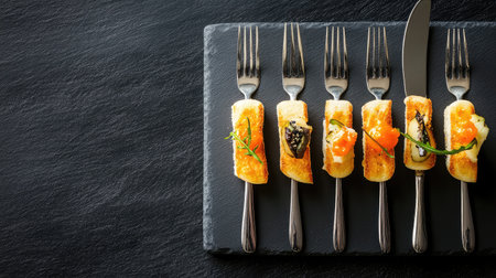Overhead shot of designer canaps served on a slate board with fine cutlery. Modern fine dining with copy space.の素材