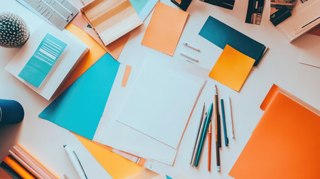 Overhead view of a design desk with sketchpads, drawing tools, and colorful papers scattered artistically, offering creative space for ideasの素材