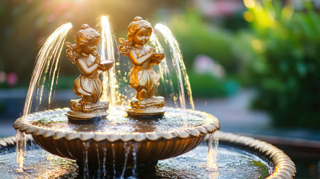Opulent garden fountain with golden statues, shallow focus with symmetrical background for copy layout.の素材