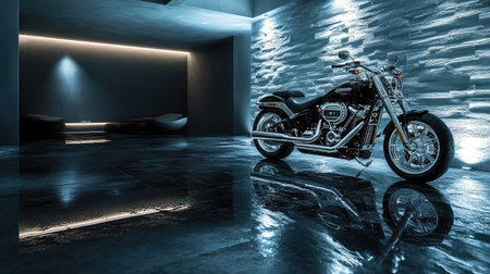 Polished luxury motorcycle parked in a modern garage with reflective floors and ambient lighting.の素材
