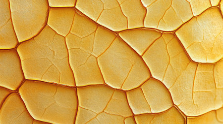 Macro shot of gold leaf texture with natural cracks and shine. Organic metallic elegance with space for design.の素材