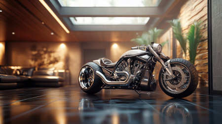 Polished luxury motorcycle parked in a modern garage with reflective floors and ambient lighting.の素材