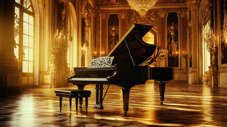 Polished grand piano in high-end music room with golden decor and ambient lighting. Room left blank for copy.の素材