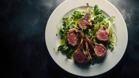 Plated gourmet lamb chops with mint gel and microgreens on white ceramic with dramatic lighting. Elegant copy space.の素材
