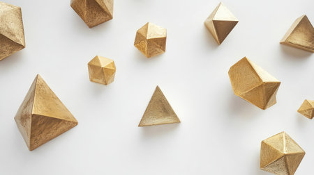 Overhead shot of golden geometric decor on white background, minimalist style for upscale branding.の素材