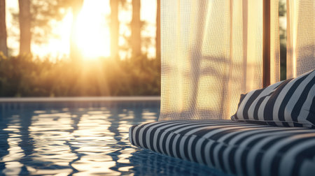 Poolside cabana at luxury hotel with striped cushions and sheer curtains, sunlight peeking through. Summer resort vibe with space.の素材