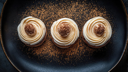 Overhead shot of artistic dessert trio in fine tasting presentation with gold decor and soft light. Elegant space.の素材