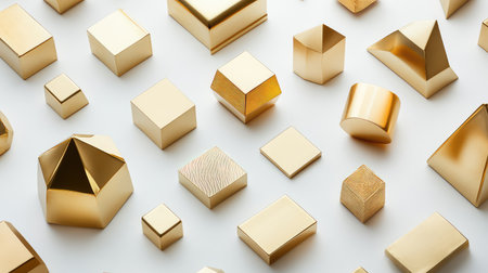 Overhead shot of golden geometric decor on white background, minimalist style for upscale branding.の素材