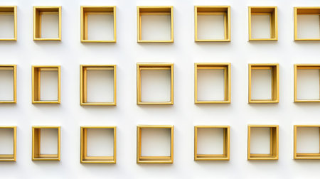 Minimal white and gold architectural wall with geometric patterns, ideal as upscale background. Copy space present.の素材