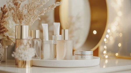 Premium skincare and perfume products displayed on white stone tray with golden mirror behind. Chic lifestyle scene with empty space.の素材
