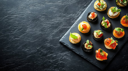Overhead shot of designer canaps served on a slate board with fine cutlery. Modern fine dining with copy space.の素材