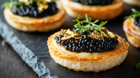 Premium caviar tartlets topped with gold leaf and herbs on slate serving tray. Luxurious snack with copy area.の素材