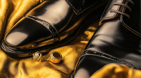 Polished black leather shoes on gold-dusted velvet with luxury cufflinks beside. Fashion detail scene with room for text.の素材