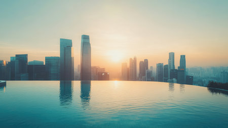 Rooftop infinity pool with glass edges overlooking a city skyline at sunset, calm water reflecting golden light. Tranquil luxury with copy space.の素材