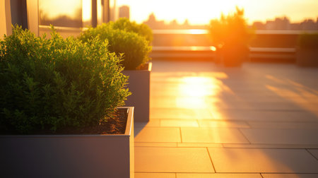 Rooftop garden in luxury condo with neatly trimmed plants and golden sunlight. Tranquil, modern living.の素材