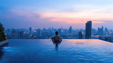 Rooftop infinity pool with glass edge overlooking city skyline at twilight. Modern urban lifestyle with ample copy space.の素材