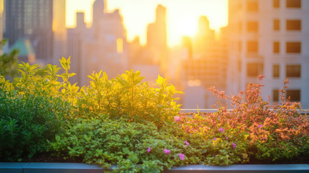 Rooftop garden in luxury condo with neatly trimmed plants and golden sunlight. Tranquil, modern living.の素材