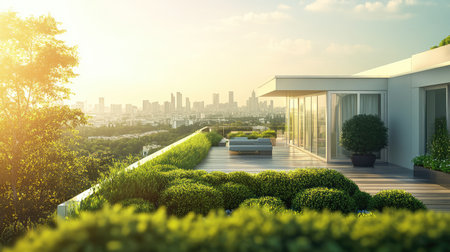 Rooftop garden in luxury condo with neatly trimmed plants and golden sunlight. Tranquil, modern living.の素材