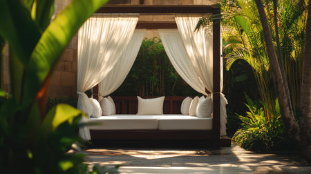 Scenic outdoor lounge area in luxury resort with canopy sofas, tropical garden, and afternoon sunlight. Tranquil setting with open space.の素材