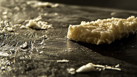 Single piece of haute cuisine plated on an empty dark surface, surrounded by dramatic light and shadow. Space for branding.の素材