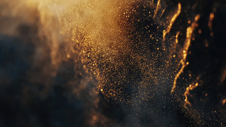 Shimmering gold particles falling gently on a black gradient surface. Sparkling festive scene with ample copy space.の素材