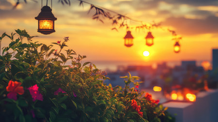 Sunset view from hotel rooftop garden with glowing lanterns and lush plants. Luxury atmosphere with room to design.の素材