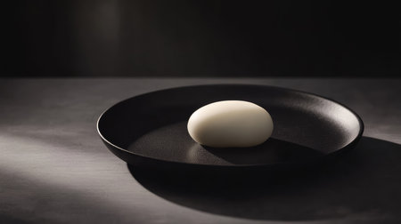 Single piece of haute cuisine plated on an empty dark surface, surrounded by dramatic light and shadow. Space for branding.の素材