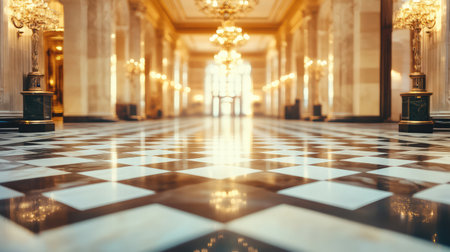 Soft blurred image of luxury hotel lobby with gold elements and marble flooring, providing atmospheric copy space. No text, no people.の素材