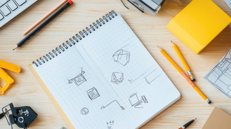 Smooth wooden desk with open notebook, pencil, and scattered design sketches, suggesting creativity with a minimalist background for textの素材