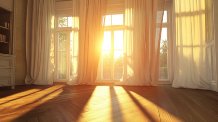 Soft golden sunrise light casting shadows on luxury curtains and polished interior surfaces, empty mood scene.の素材