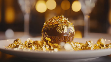 Single dessert dome covered in glossy chocolate and gold foil flakes, on luxury dishware. Elegant simplicity with copy space.の素材