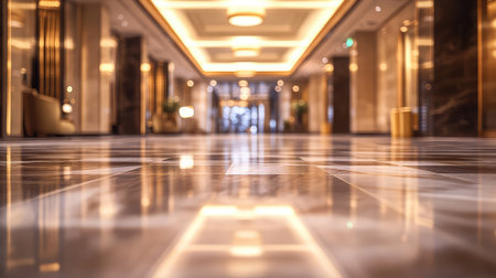 Soft blurred image of luxury hotel lobby with gold elements and marble flooring, providing atmospheric copy space. No text, no people.の素材