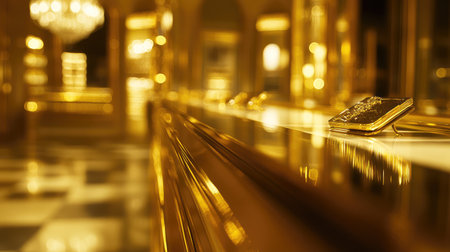 Soft-focus interior of luxury boutique store, golden racks and premium materials on display. Copy space in focus.の素材