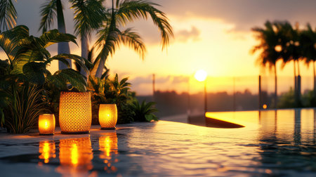 Sunset view from hotel rooftop garden with glowing lanterns and lush plants. Luxury atmosphere with room to design.の素材