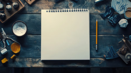 Smooth wooden desk with open notebook, pencil, and scattered design sketches, suggesting creativity with a minimalist background for textの素材