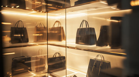 Sunset light streaming into a designer walk-in closet with glass shelving, luxury bags, and shoes on display. Copy space visible.の素材