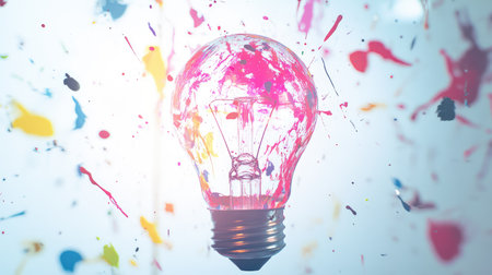 Soft-focus lightbulb with vibrant splashes of paint on a white background, illustrating bright creative ideas with plenty of room for textの素材