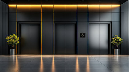 Stylish interior of hotel elevator lobby with metallic panels and modern light fixtures. Minimalist elegance with copy space.の素材