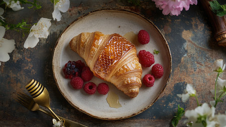Top view of a gourmet breakfast with fine croissants, honeycomb, berries, and gold cutlery. Morning elegance with space.の素材