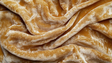 Soft golden velvet fabric texture with gentle folds and shadows. Plush and elegant surface with blank space.の素材
