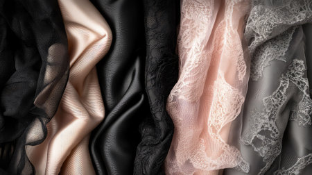 Textured shot of premium fashion fabric rolls wool, satin, lace. Design inspiration scene with clear copy space.の素材