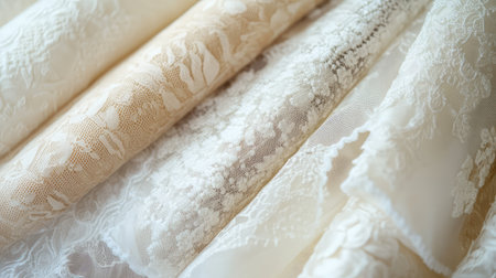 Textured shot of premium fashion fabric rolls wool, satin, lace. Design inspiration scene with clear copy space.の素材